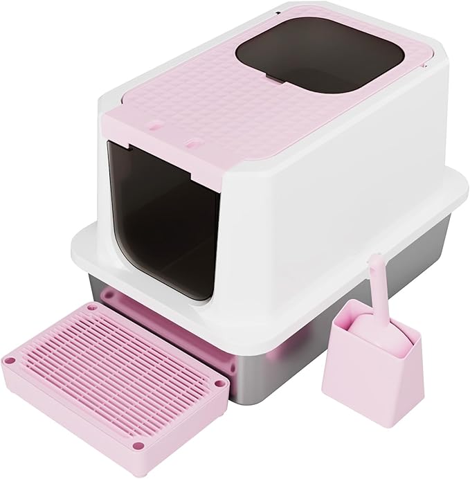 RIZZARI Enclosed Cat Litter Box: Large Top & Front Entry with Odor Control - Stainless Steel with Teflon Non-Stick Coating - High-Sided Pink Litter Pan for Multi-Cat Homes - for Apartments Hallways