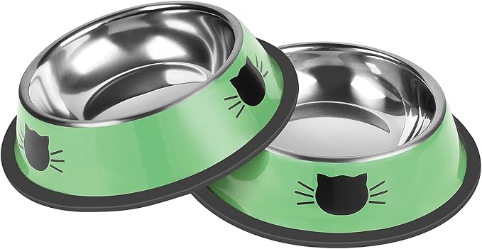 2 Pcs Non-Slip Stainless Steel Small Cat Food Bowls - Unbreakable, Thicken 7 Oz Cat Dishes - Indoor, Removable Rubber Base, Easily Clean, Lovely Color