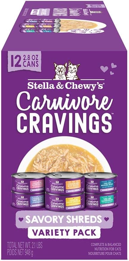 Stella & Chewy's Carnivore Cravings Savory Shreds - Wet Cat Food - High-Moisture Formula with Premium Real Meat - Perfect for Picky Eaters - Variety Pack, 2.8 oz, 24 Count
