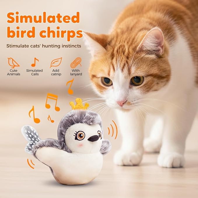 Flapping Bird Cat Toy, 2026 Upgrade Simulated Chirping Bird Cat Toy Flapping Wings, Rechargeable Toy for Indoor Cats (Gray)