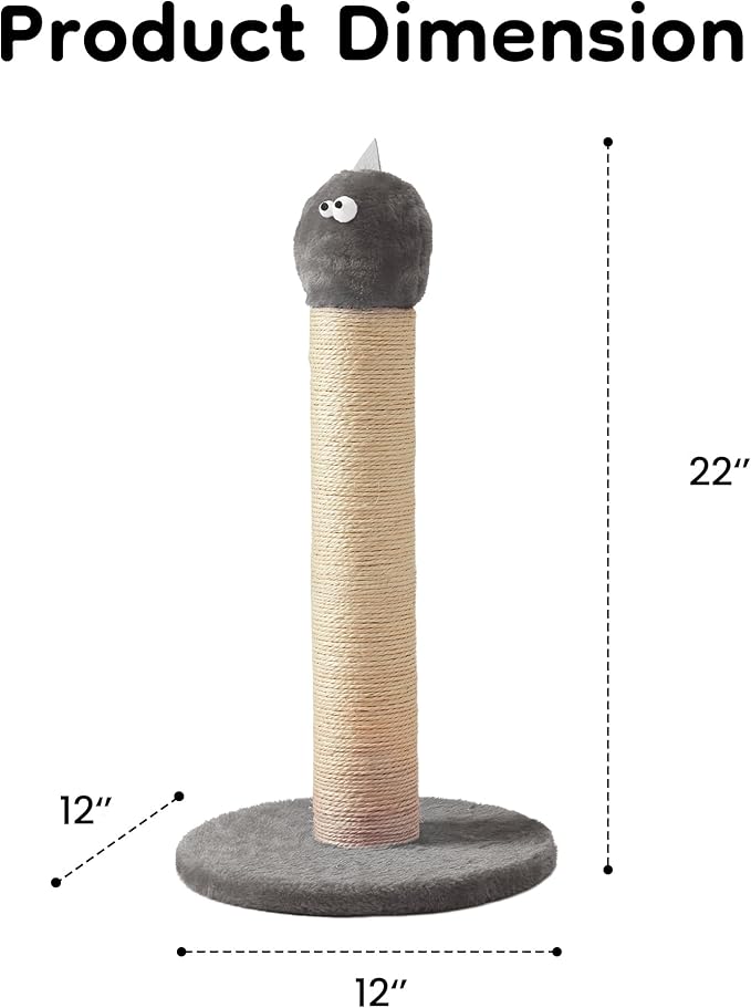 Indoor Cat Scratching Post: 22 in Tall Cat Scratcher with Natural Sisal Rope, Cute Monster Design Kitty Pet Tower with Sturdy Wood Base, Great Gift for Small and Large Kittens, Grey