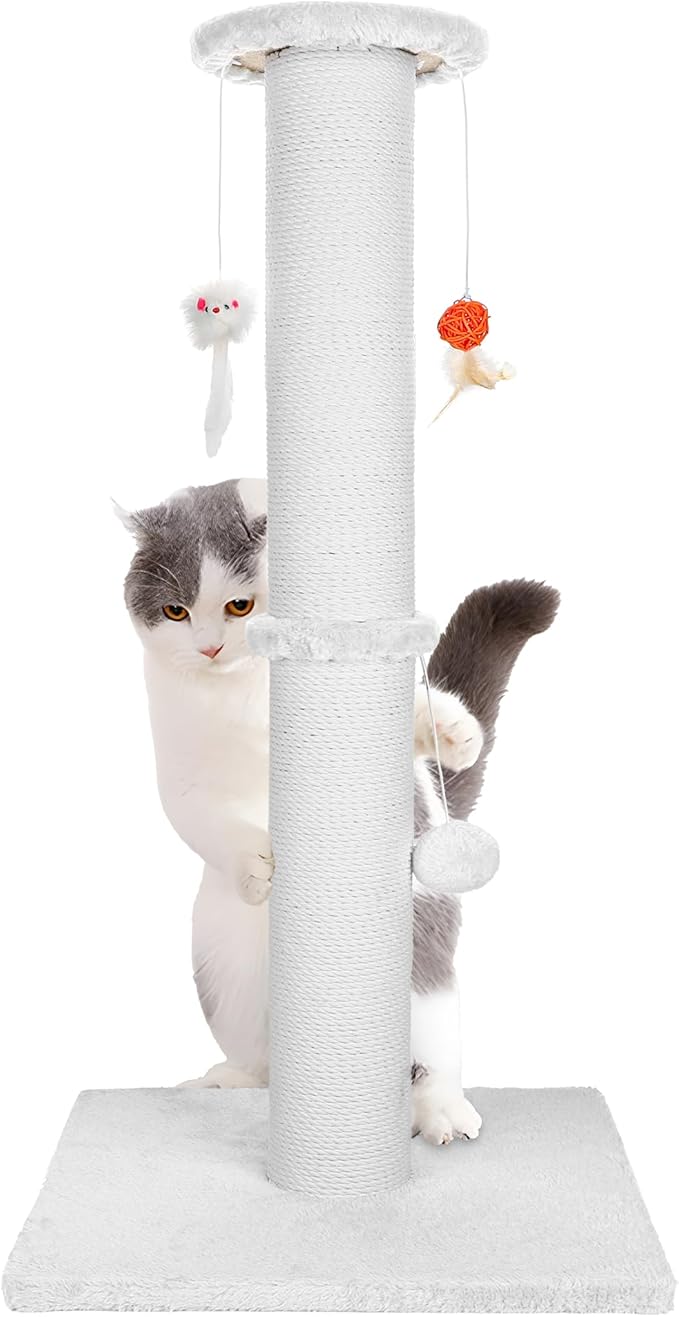 36.5 Inch Cat Scratching Post Heavy Duty Cat Scratch Post Handcrafted Rope with Hanging Toys for Ultimate Cat Fun(White)