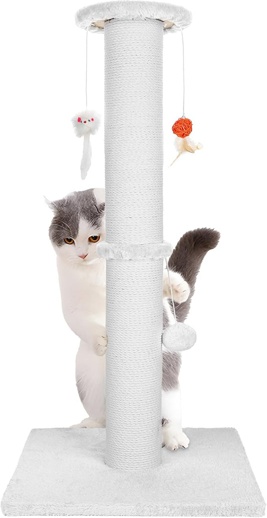 36.5 Inch Cat Scratching Post Heavy Duty Cat Scratch Post Handcrafted Rope with Hanging Toys for Ultimate Cat Fun(White)