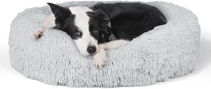 CAPHAUS 24/30 Inch Calming Donut Pet Bed for Small/Medium Cats and Dogs, Anti-Slip Bottom, Washable, Anti-Anxiety Fluffy Round Cat Bed, Indoor Shaggy Cuddler Cotton Candy Brown, Light Gray, Pink Bed