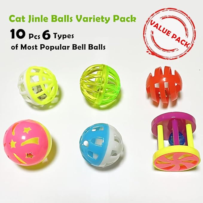 Cat Jingle Balls Toys 10Pcs 6 Styles for Indoor Cats - Plastic Lattice Cat Balls with Bells Kitten Rattle Toy, Gift Box and 1.5"