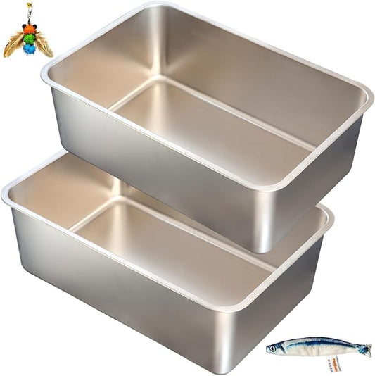 2-Pack XXL Stainless Steel Cat Litter Boxes, Includes Catnip Fish Toy & Wand Feather Toy Refill, Extra-Large Metal Litter Pans for Large Cats & Multi-Cat Homes, Pet Toilet Supplies for Kitten