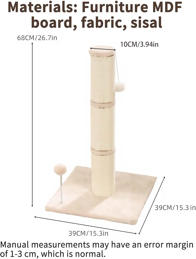 Marchul Cat Scratching Post with Wide-Base, Heavy Duty Thick, Sisal Cat Scratcher Posts 26.7 Inches with Hanging Ball for Kittens Medium Cats and Multiple Cats Households