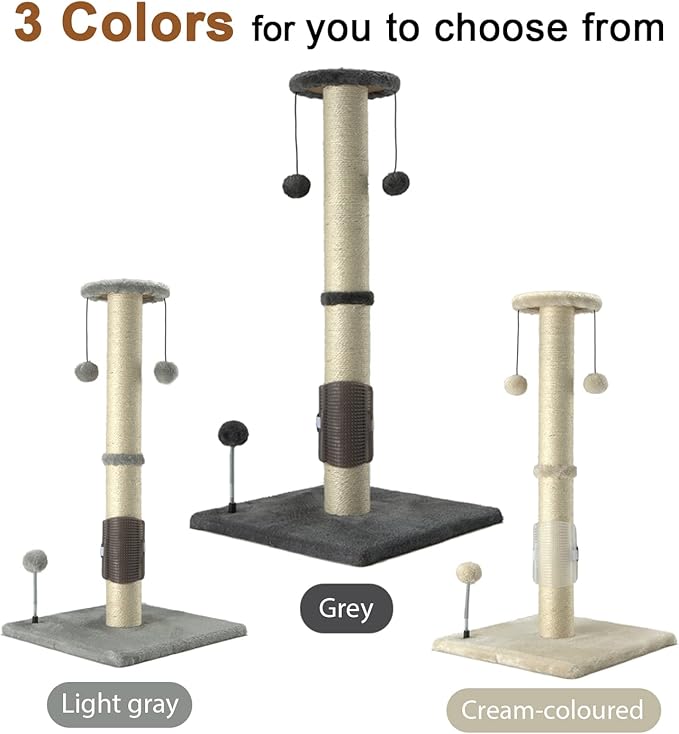 PEEKAB 32" Tall Cat Scratching Post Sisal Scratch Posts with Hanging Ball and Self-Massage Brush Vertical Scratcher for Indoor Cats and Kittens Gray 32inches