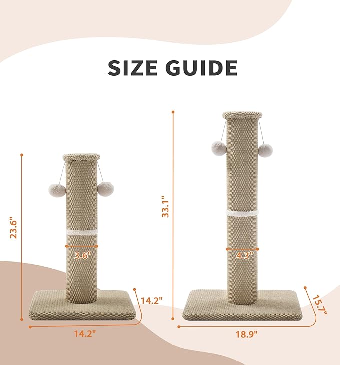 Made4Pets Tall Cat Scratching Post, 23.6" Modern Cat Scratcher with Hanging Balls, Heavy Duty and Thicker Scratching Post for Indoor Cats Adults, Sturdy Base Cat Scratch Post, Beige