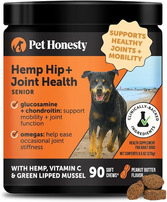 Senior Hemp Hip & Joint Support, Hemp for Dogs, Mobility Support for Senior Dogs, Glucosamine, Collagen, MSM, Green Lipped Mussel, Helps Discomfort (Peanut Butter, 90)