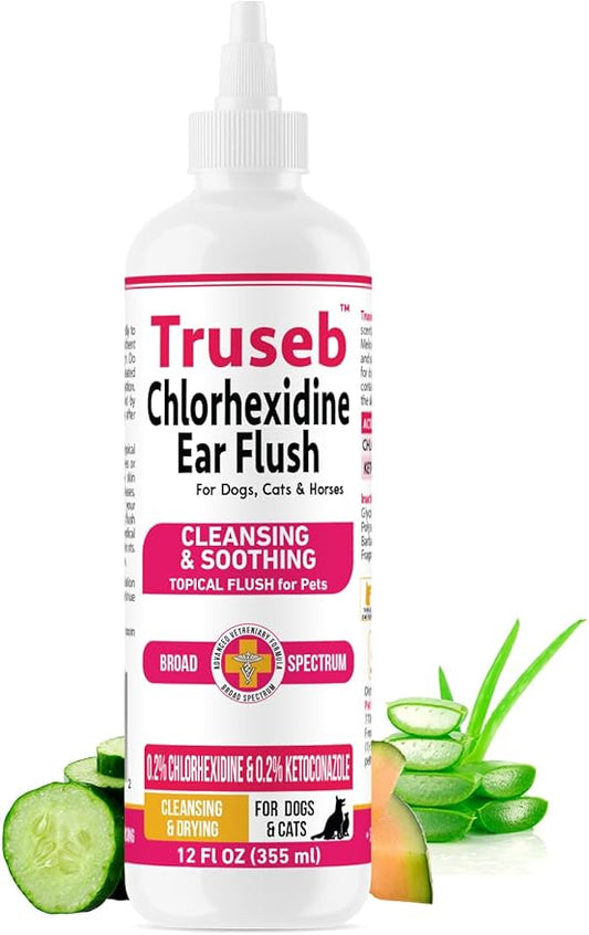 Truseb Advanced Topical Dog Ear Wash with Ketoconazole & Chlorhexidine Ear Flush Dog, Cats and Horses, with Aloe - 12 oz Made in U.S.A (Ketoconazole & Chlorhexidine Ear Flush, 12 oz)
