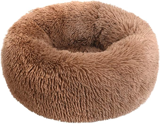 BODISEINT Faux Fur Dog Bed Cat Bed,Shag Round Anti-Anxiety Pet Calming Bed Doughnut Cuddler for Medium Large Puppy Dog Cat Kennel Cushion Self Warming Bed (28'' D x 8'' H, Coffee)