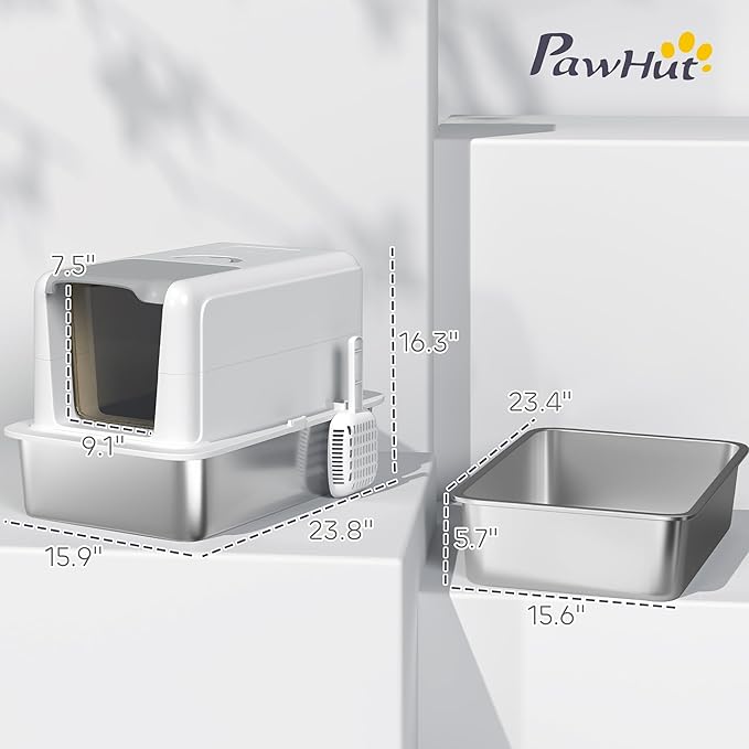 PawHut Stainless Steel Cat Litter Box, Extra Large 2 in 1 Metal Kitty Litter Pan with High Enclosure, Removable Lid & Scoop, Filter Bags, Easy to Clean, for Small to Large Kittens, White