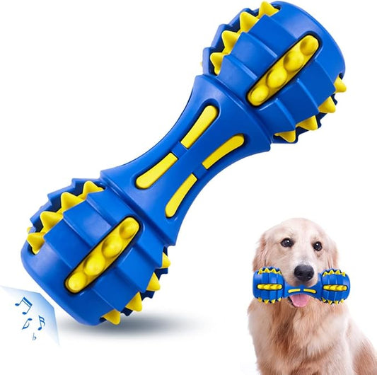 AUSCAT Dog Teething Toys, Durable Squeaky Dog Chew Toys, Natural Rubber Chew Toys for Dogs, Dumbbell Shape, Blue