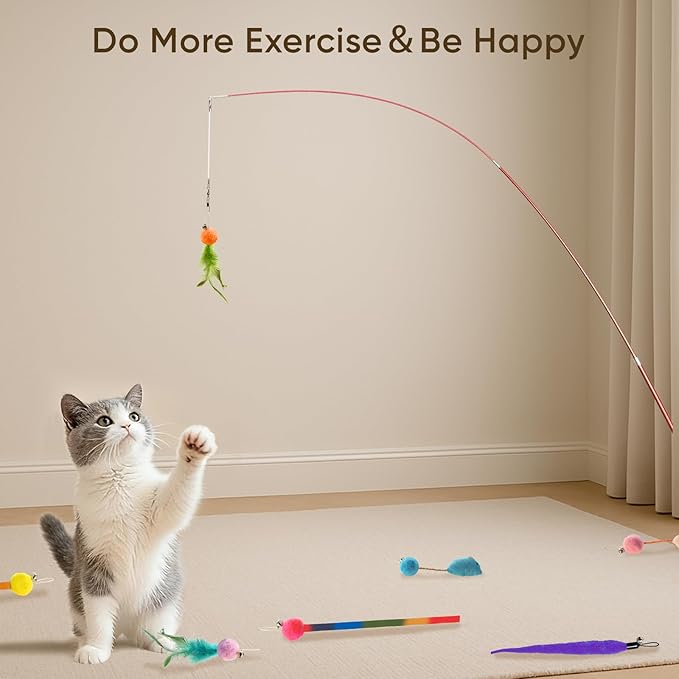 Cat Toys for Indoor Cats, 11 Packs Interactive Cat Wand Toy Set with Feather Toys&Ribbon Refills,Retractable Cat Wand with Bell Refills for Kittens Play and Exercise