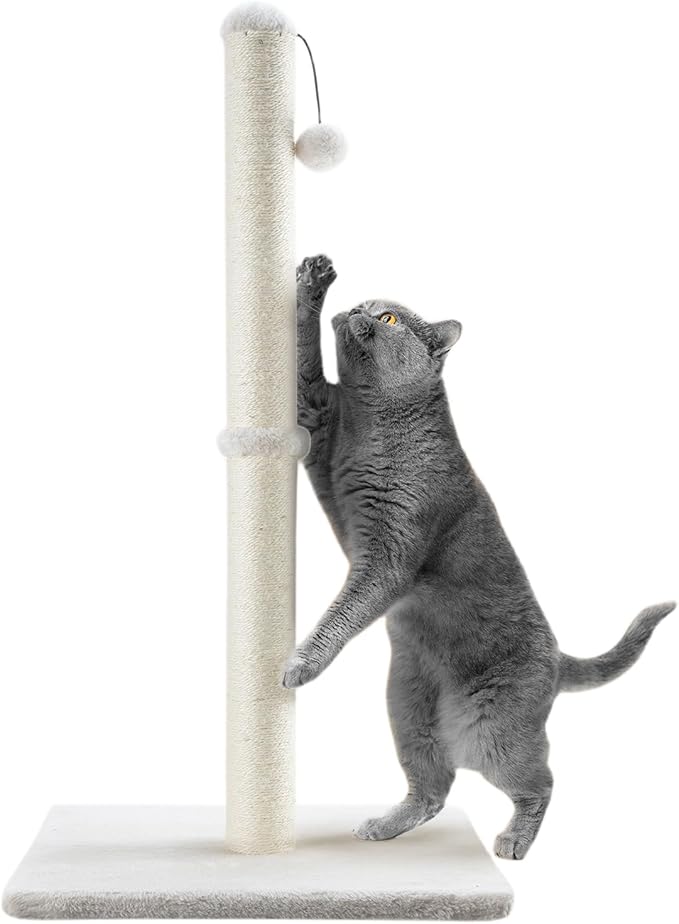 Dimaka 34" Height Tall Cat Scratching Post, Claw Scratcher with Sisal Rope and Covered with Soft Smooth Plush, Vertical Scratch [Full Strectch] Cats (Beige, 34 inches for Large Cats)