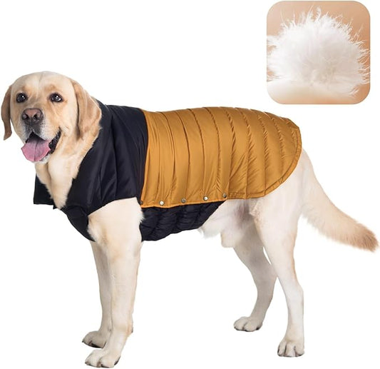 SPACE LION Dog Puffer Jacket, Down Winter Coat, Durable Outdoor Coat for Cold and Windy Conditions, Lightweight & Adjustable Fit Coats for Large Dogs, (BlackKhaki, Size24/2XL)