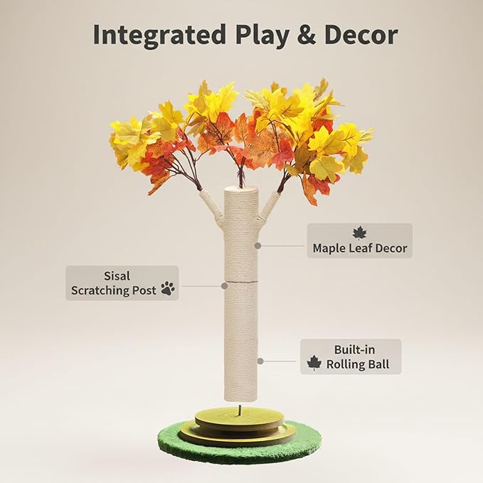 Maple Leaf Cat Tree, 41.7-Inch Cat Scratching Post with Rolling Ball Toy, Large Cat Activity Center for Indoor Cats, Modern Apartment-Friendly Design