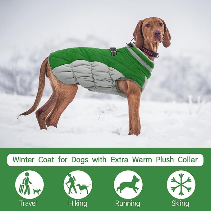 FUAMEY Dog Coat for Large Dogs,Waterproof Dog Winter Jacket with Harness Built in Puppy Cold Weather Coats Reflective Pet Vest with Zipper Warm Fleece Dogs Snowsuit Windproof Green XXXL