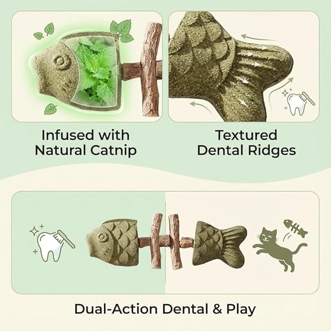 Purrident—2026 New Creative Fish Bone Cat Toy Natural cat Dental Chews Fishbone Shape with Catnip & Silvervine Durable Feline Tooth Care Tool (B)