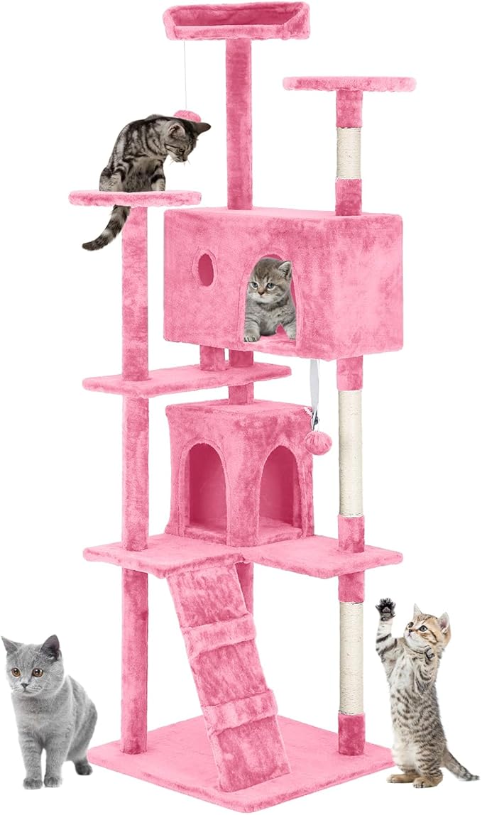 PayLessHere Cat Tree 70in Tower with Scratching Post, Multi-Level Cat Condo Stand House, Kitty Activity Center with Furry Ball Toys, Pink