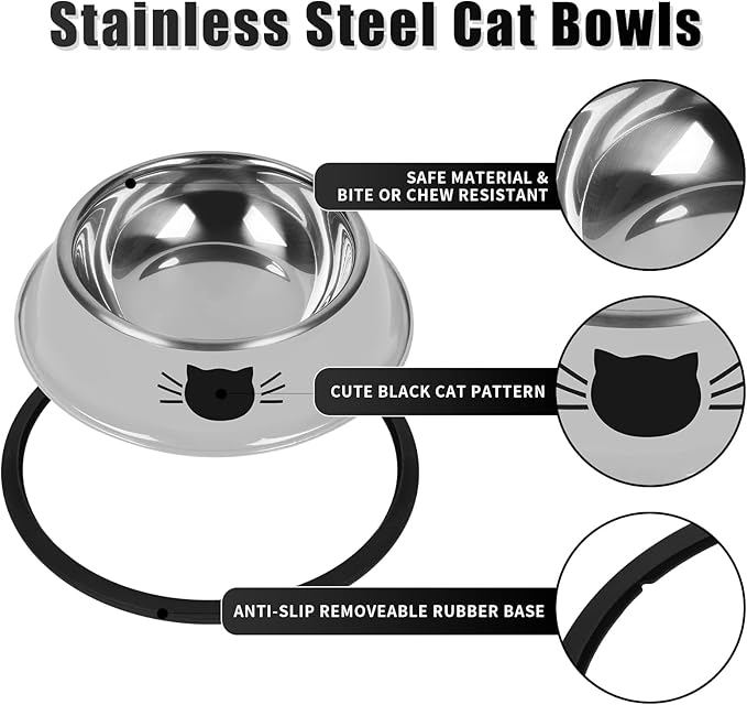2 Pcs Non-Slip Stainless Steel Small Cat Food Bowls - Unbreakable, Thicken 7 Oz Cat Dishes - Indoor, Removable Rubber Base, Easily Clean, Lovely Color