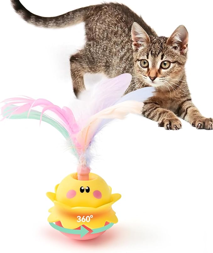 Interactive Automatic Cat Feather Toy, Rotating with LED Light, Rechargeable Electronic Chirping Toys for Indoor Cats, Yellow