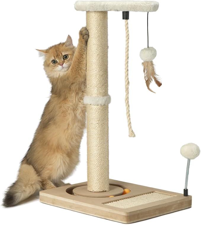 PAWSFANS Cat Scratching Post,Sisal Scratch Posts with Track Ball Feather Toy for Indoor Cats and Kittens,25" Tall Beige