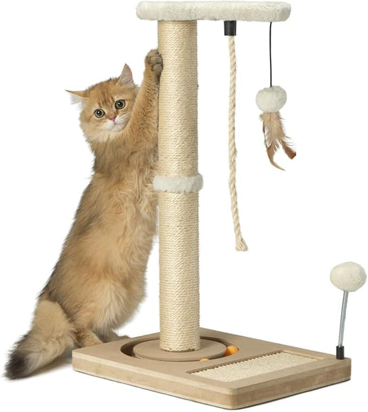 PAWSFANS Cat Scratching Post,Sisal Scratch Posts with Track Ball Feather Toy for Indoor Cats and Kittens,25" Tall Beige