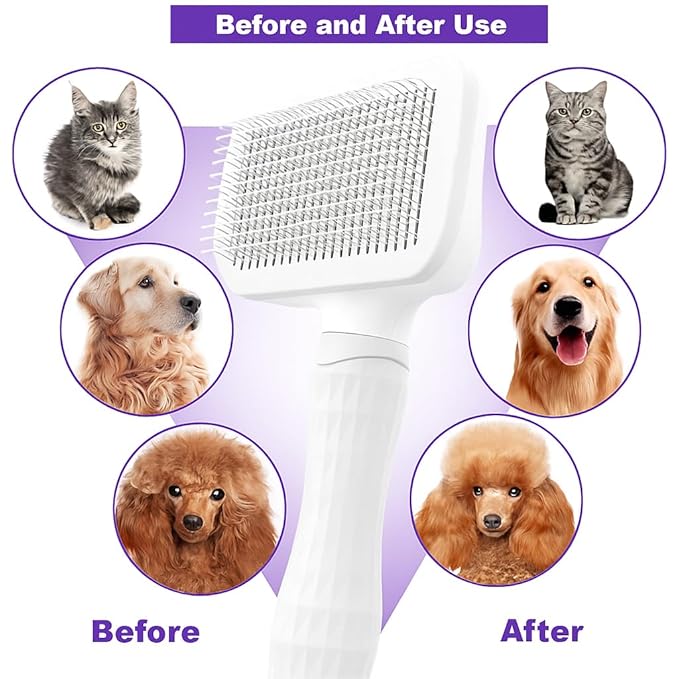 Self Cleaning Slicker Brush, Dog Cat Bunny Pet Grooming Shedding Brush, Easy to Remove Loose Undercoat, Pet Massaging Tool Suitable for Pets with Long or Short Hair (White)