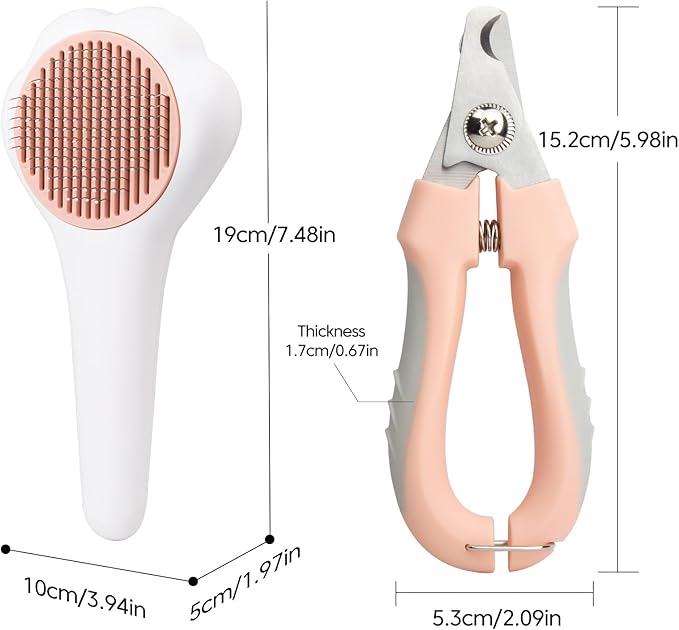 Self-Cleaning Cat Brush for Shedding with Cat Nail Clipper 2-Piece Set,Cat Brushes for Indoor Cats and Cat Nail Trimmer with Safety Guard Protective,Pet Grooming Kit for Cats and Dogs