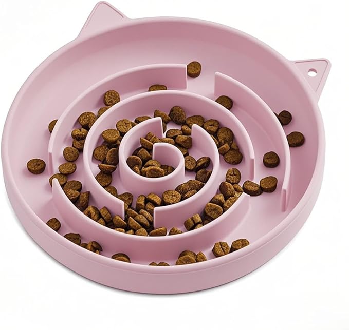 Slow Feeder Cat Bowl, Durable Anti-Gulping Cat Food Bowl for Healthy Digestion, Maze Design Easy to Clean for Wet/Dry Food (Pink)