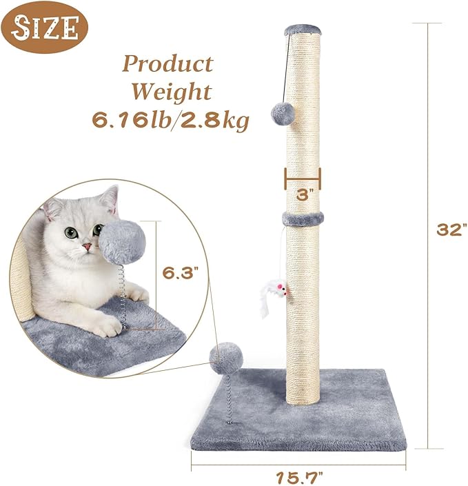 ANWA 32" Tall Cat Scratching Posts for Indoor Cats, 3-in-1 Cat Scratching Post with Plush Toys, Premium Sisal Post for Cats at All Ages with Reinforced Stable Base, Gray