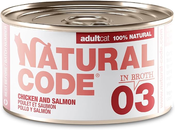 Natural Code - Wet Cat Food, Limited Ingredient Cat Food, High-Protein, Non-GMO, No Artificial Additives, Made in Italy, Chicken & Salmon in Broth for Adult Cats (3 oz, 24 Pack)