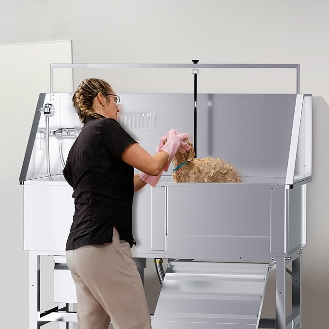 Dog Washing Station for Home, Professional 46" Stainless Steel Dog Bathing Station, Height Adjustable Dog Grooming Tub w/Stair, Storage Drawer, Upgrade Parts(Right ramp)