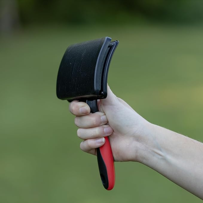 Jeffers Pet Self-Cleaning Slicker Brush for Dogs & Cats – Self Cleaning Button, Removes Tangles & Loose Hair, Non Slip Handle for Easy Grooming, Go To Gift for Pet Owners – Black, Red - Medium