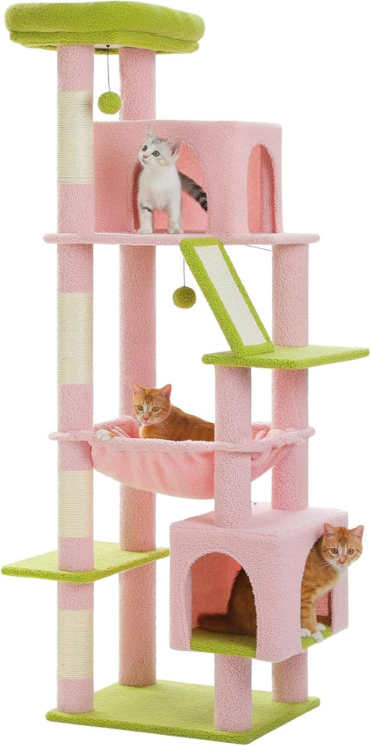 Pink 71" Tall Cat Tree for Large Cat 20 lbs with Super Large Hammock, Heavy Duty Cat Tower with 4 Sisal Scratching Posts & 2 Spacious Condos for Big Adult Cats Maine Coon -Green