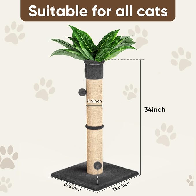XiaZ Cat Scratching Post 34 Inches Tall, Cat Tower Scratcher Extra Wide 15.8" Stable Base with 2 Interactive Toy Balls, Premium Natural Sisal & Plush Fabric for Any Size Cats (Dark Gray, 4.5in)