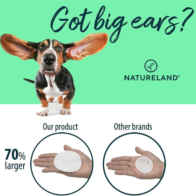 [150 pcs Extra-Large] Natureland Dog Ear Wipes - Extra Large Pads [170%] - Otic Cleaning Wipes for Infections and Controlling Ear Infections and Ear Odor in Pets