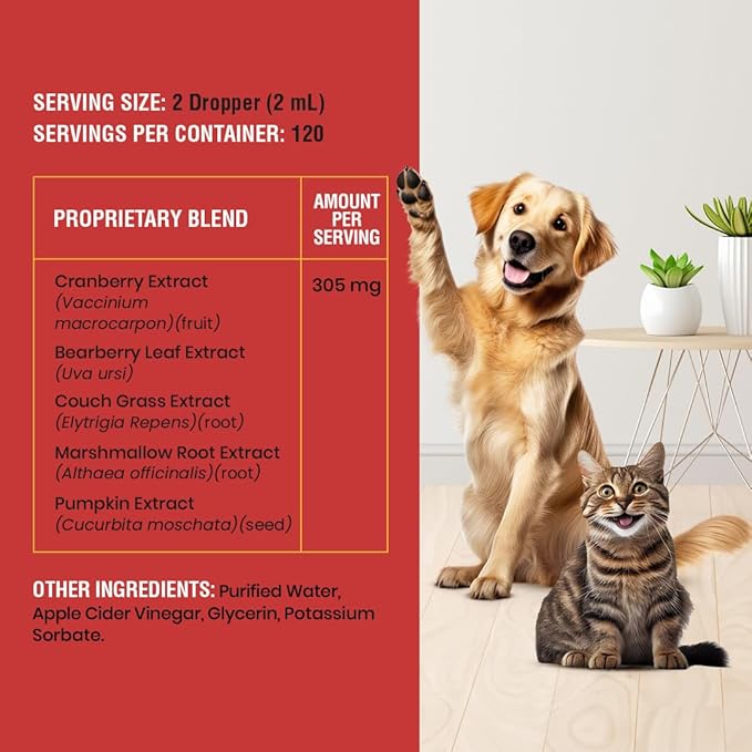8 Ounce Urinary Tract Infection Treatment for Cats and Dogs - Graduated Dropper (1/4 ML increments up to 1 ML) Cranberry UTI Supplement, Kidney and Bladder Support, 8 oz
