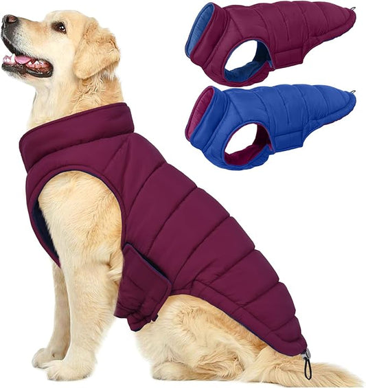 QBLEEV Reversible Dog Coat for Large Dogs, Waterproof Windproof Winter Jacket Keeps Big Breeds Warm & Dry, Adjustable Hook & Loop Puffer Vest, Purple, 3XL – Fits Labrador, Weimaraner, Great Dane