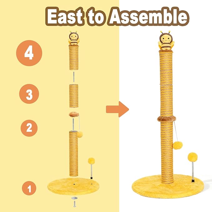 Bee Cat Scratching Post, 36" Tall Cat Scratcher for Indoor Cats - Modern Sisal Scratch Post with Dangling Ball & Plush Toys for Kittens and Adult Cats