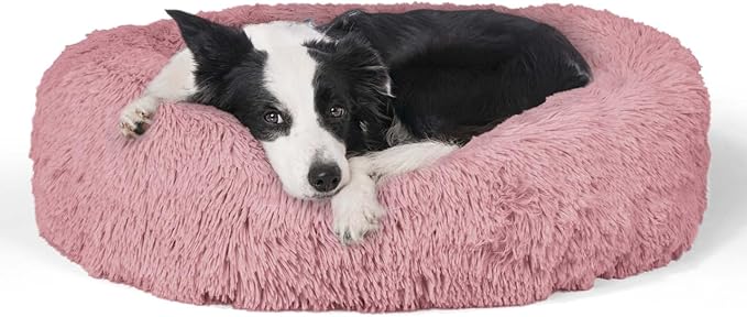 CAPHAUS 24/30 Inch Calming Donut Pet Bed for Small/Medium Cats and Dogs, Anti-Slip Bottom, Washable, Anti-Anxiety Fluffy Round Cat Bed, Indoor Shaggy Cuddler Cotton Candy Brown, Light Gray, Pink Bed
