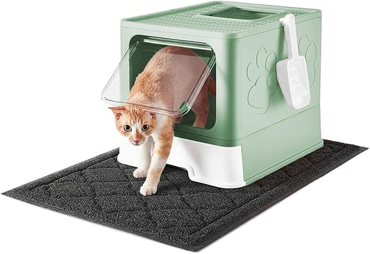 Cat Litter Box with X-Large Litter Mat and Scoop, Large Foldable Litter Box with Lid, Enclosed Kitty Box,Front Top Entry Exit, Odor Control Easy to Clean (Upgrade Green)