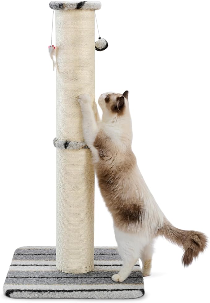 Joydeco Cat Scratching Post 34 Inches Heavy Duty and Thick Scratching Post Sisal Rope with Hanging Ball and Mice for Indoor Cats(Grey)