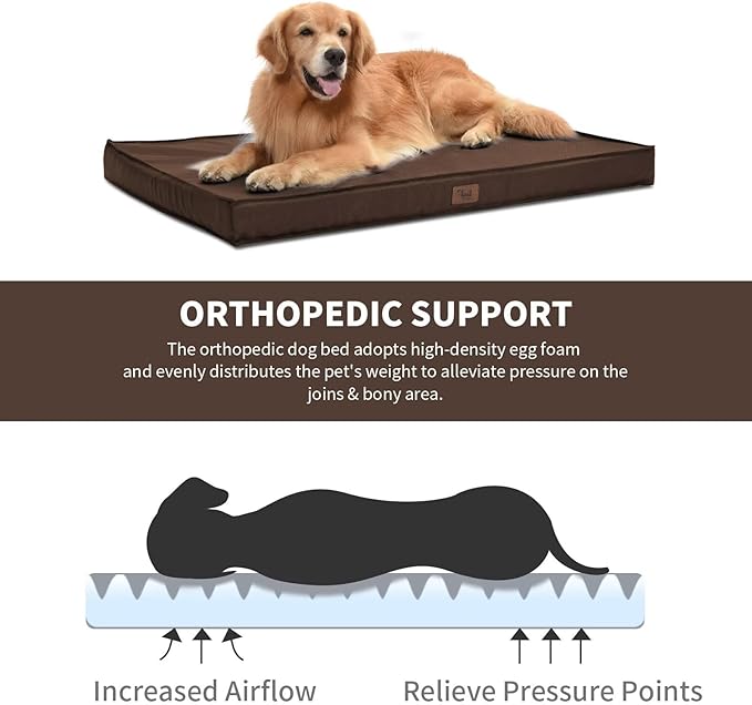 Outdoor Waterproof Dog Bed, Big Dog Bed for Large Size Dogs, Orthopedic Egg Crate Foam Pet Bed with Washable Removable Oxford Cover, 36x27 Inch, Brown