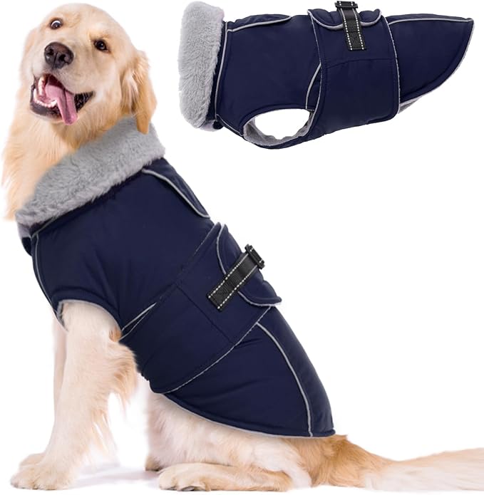 Lelepet Warm Dog Coat Waterproof Dog Jacket for Large Dogs Reflective Fleece Vest with Adjustable Buckle Hook & Loop Windproof Cold Weather Coats for Small Medium Large Dogs, Navy Blue, XL