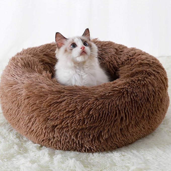 BODISEINT Faux Fur Dog Bed Cat Bed,Shag Round Anti-Anxiety Pet Calming Bed Doughnut Cuddler for Medium Large Puppy Dog Cat Kennel Cushion Self Warming Bed (28'' D x 8'' H, Coffee)