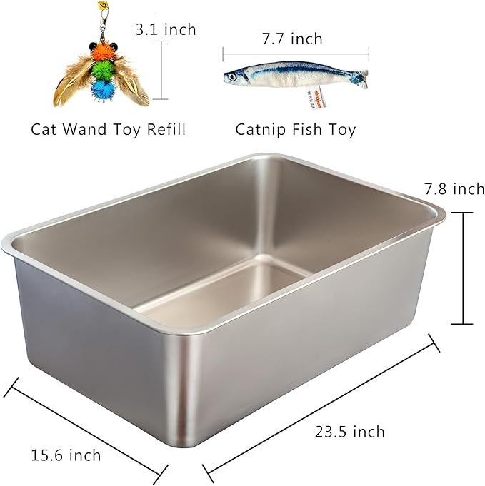 2-Pack XXL Stainless Steel Cat Litter Boxes, Includes Catnip Fish Toy & Wand Feather Toy Refill, Extra-Large Metal Litter Pans for Large Cats & Multi-Cat Homes, Pet Toilet Supplies for Kitten