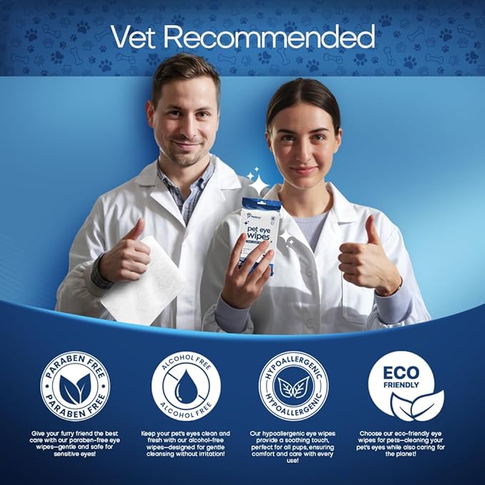 Pet Eye Wipes for Dogs & Cats | 5x6” Hypoallergenic Tear Stain Remover Wipes | 3X Larger Unscented Gentle Eye Wipes to Remove Discharge | 99% Natural Ing. Safe for Sensitive Pets | 60 Wipes